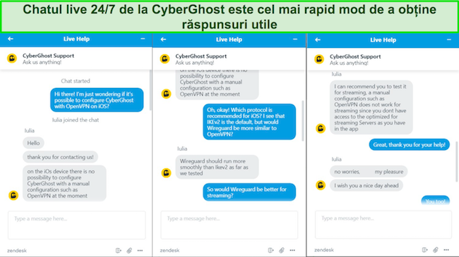 Capturi de ecran ale chat-ului live al CyberGhost, care arată un agent de asistență pentru clienți care răspunde la o întrebare despre OpenVPN pe iOS