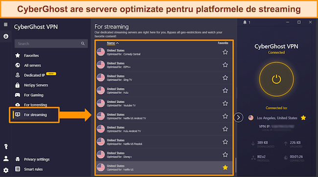 Captură de ecran a listei CyberGhost de servere optimizate pentru streaming pentru platforme populare