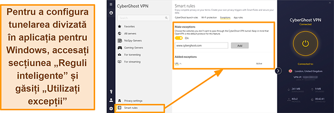Captură de ecran a funcției Smart Rules Whitelister a CyberGhost VPN