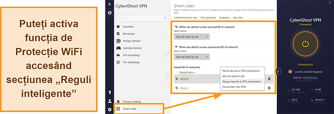 Captură de ecran a funcției de protecție WiFi a CyberGhost VPN