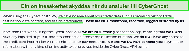 Skärmdump av CyberGhost VPN sekretesspolicy på sin webbplats