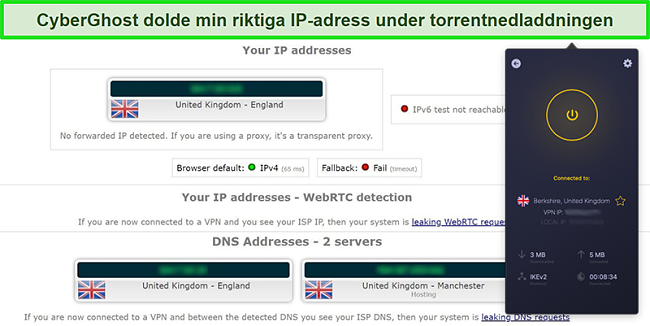 Skärmdump av CyberGhost VPN ansluten till en brittisk server och klarat ett IP-läckagetest