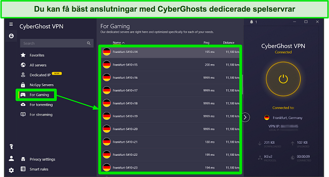 Skärmdump av CyberGhosts speloptimerade servrar i Windows-appen