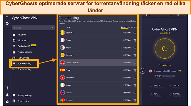 Skärmdump av CyberGhosts torrentoptimerade servrar på Windows-appen