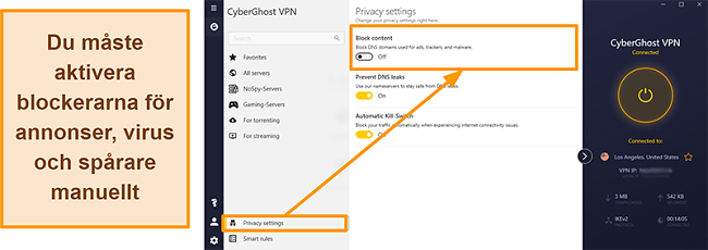 Skärmdump av CyberGhost VPN: s annons-, tracker- och malwareblockerare