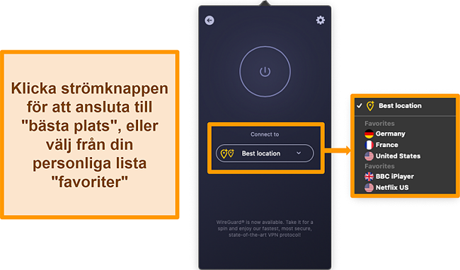 SV-CyberGhost-VPN-Best-Location-Feature-Swedish Skärmdump av CyberGhost VPNs bästa platsfunktion i appen