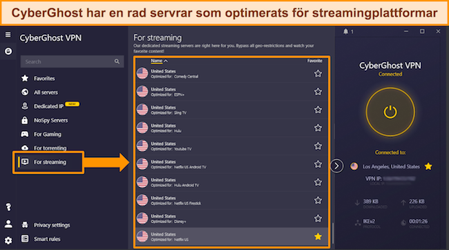 Skärmdump av CyberGhosts lista över streamingoptimerade servrar för populära plattformar