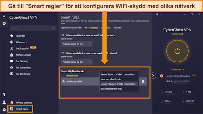 Skärmdump av WiFi-skyddsinställningar på CyberGhost-appen
