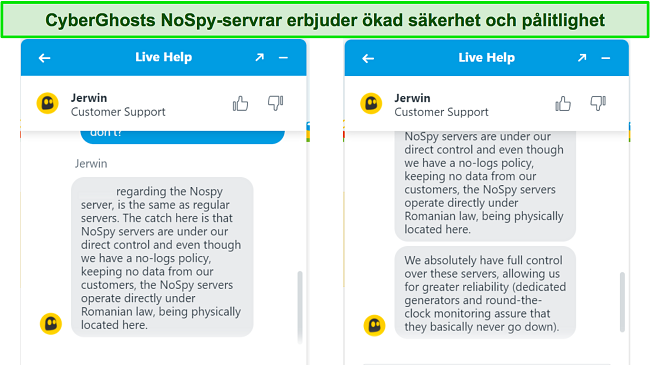 Skärmdump av CyberGhosts livechattagent som förklarar den ökade säkerheten och tillförlitligheten hos NoSpy-servrarna.