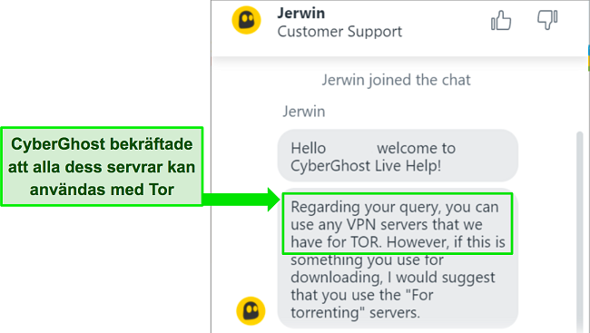 Skärmdump av CyberGhosts livechatt som bekräftar dess kompatibilitet med Tor-webbläsaren.