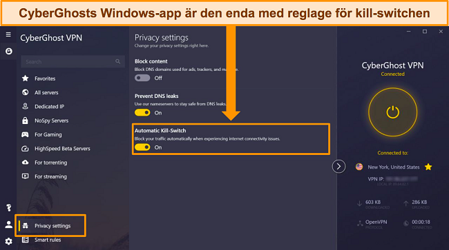 Skärmdump av CyberGhosts Windows-app med alternativet Automatic Kill Switch markerat.