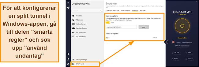 Skärmdump av CyberGhost VPN: s Smart Rules Whitelister-funktion