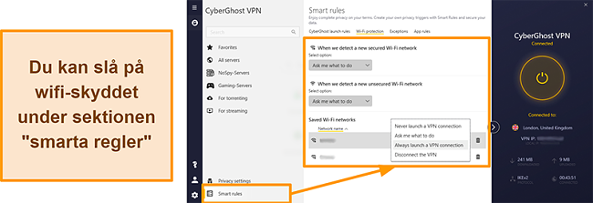 Skärmdump av CyberGhost VPNs WiFi-skyddsfunktion