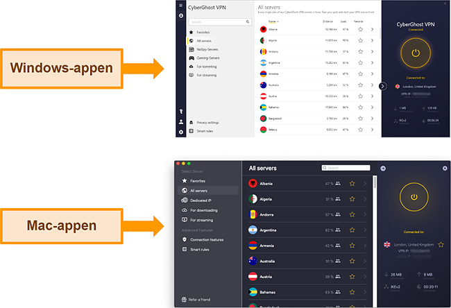 Skärmdump av CyberGhost VPN-appen på Windows kontra Mac