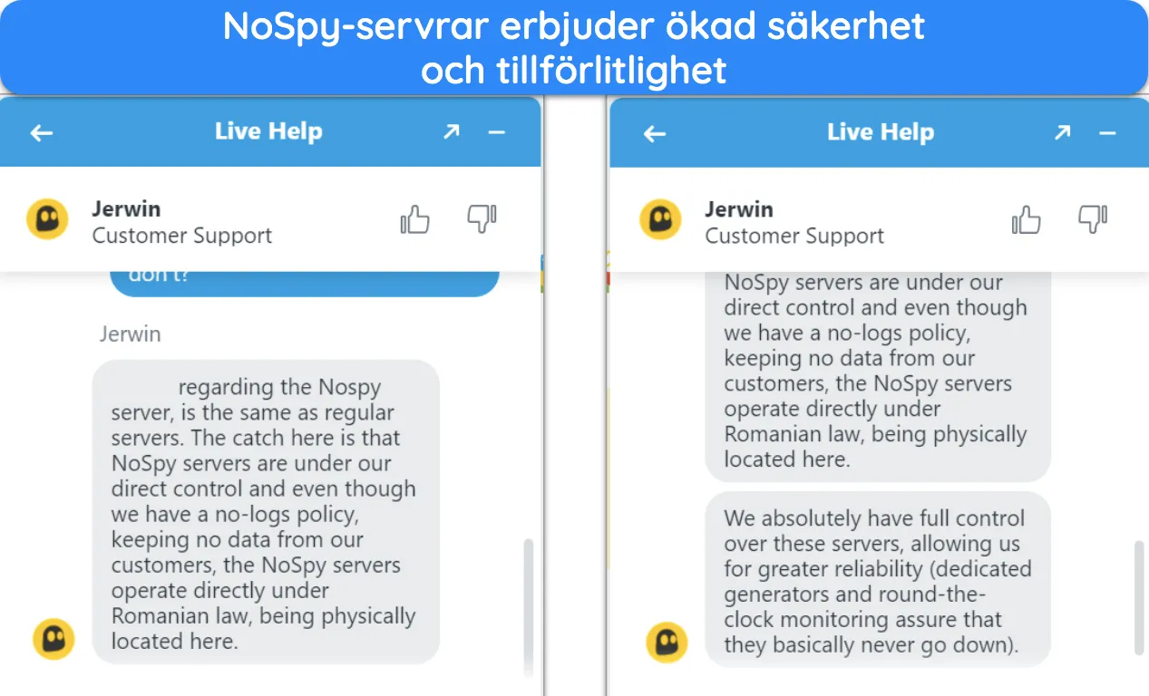 Skärmdump av samtal med CyberGhosts supportpersonal som bekräftar säkerheten för NoSpy-servrar.