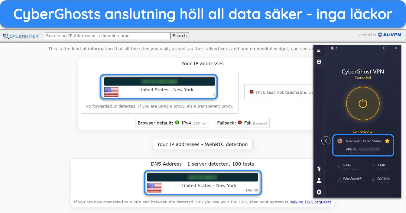 Skärmdump av läckagetestresultat på CyberGhost.