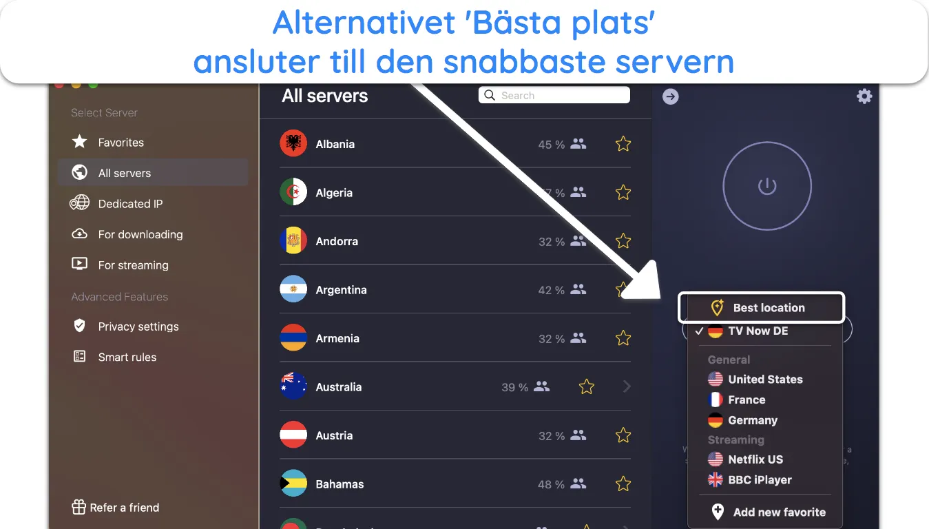 Skärmdump av CyberGhost-appens gränssnitt med bästa platsfunktion.