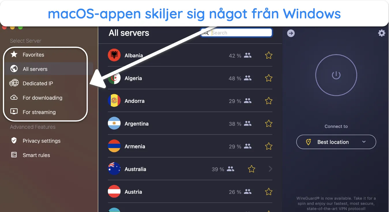 Skärmdump av CyberGhosts Mac-appgränssnitt.