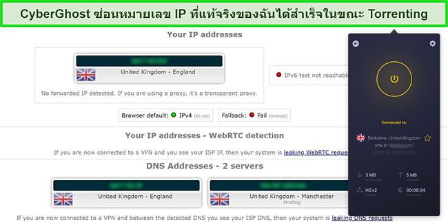 ภาพหน้าจอของ CyberGhost VPN ที่เชื่อมต่อกับเซิร์ฟเวอร์ในสหราชอาณาจักรและผ่านการทดสอบการรั่วไหลของ IP เรียบร้อยแล้ว