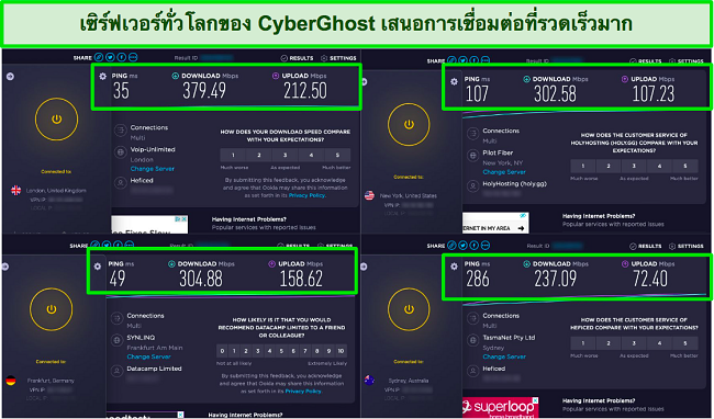 สกรีนช็อตของการทดสอบความเร็วเคียงข้างกันกับแอป CyberGhost ที่เชื่อมต่อกับเซิร์ฟเวอร์ต่างๆ