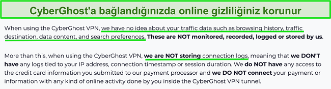 CyberGhost VPN gizlilik bildiriminin ekran görüntüsü web sitesinde