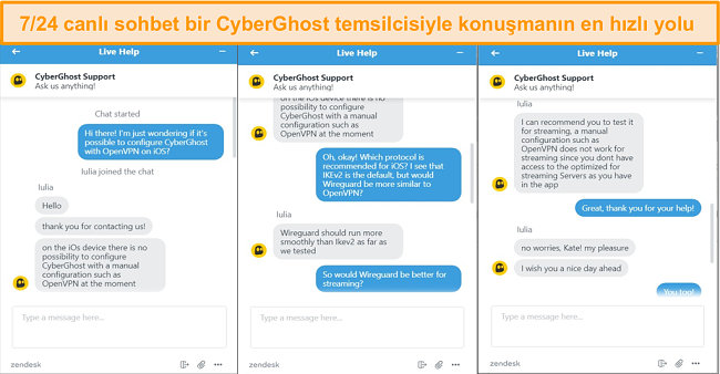 CyberGhost canlı sohbet ekran görüntüsü