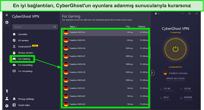 Windows uygulamasında CyberGhost'un oyun için optimize edilmiş sunucularının ekran görüntüsü