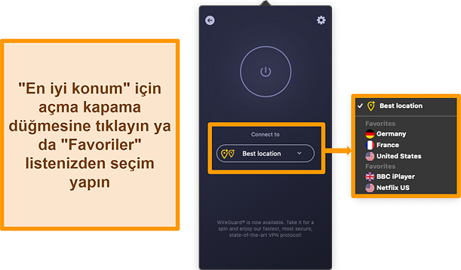 Uygulamadaki CyberGhost VPN'in En İyi Konum özelliğinin ekran görüntüsü
