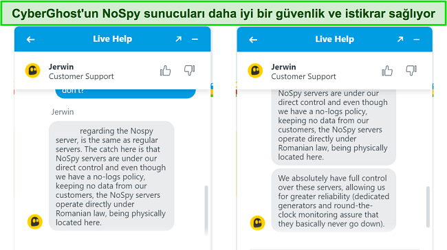 CyberGhost'un NoSpy sunucularının artırılmış güvenlik ve güvenilirliğini açıklayan canlı sohbet aracısının ekran görüntüsü.