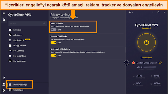 Windows uygulamasında CyberGhost'un İçerik Engelleme Özelliğinin ekran görüntüsü