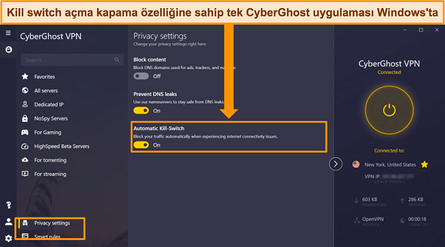 Otomatik Kapatma Anahtarı seçeneğinin vurgulandığı CyberGhost'un Windows uygulamasının ekran görüntüsü.