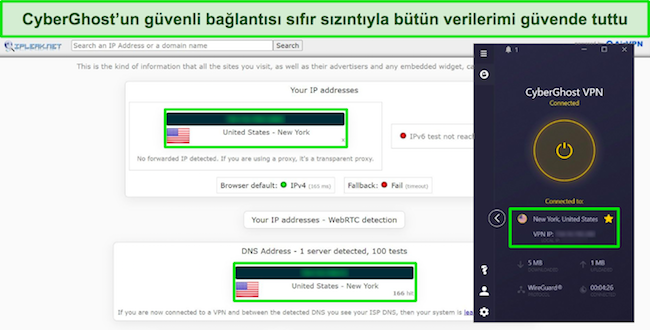 CyberGhost'ta sızıntı testi sonuçlarının ekran görüntüsü