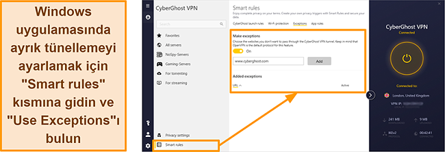 CyberGhost VPN'in Akıllı Kurallar Beyaz Listesi özelliğinin ekran görüntüsü