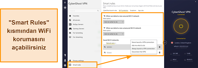 CyberGhost VPN'in WiFi Koruma özelliğinin ekran görüntüsü