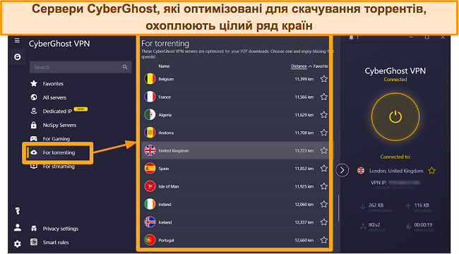 Знімок екрана серверів CyberGhost, оптимізованих для завантаження торрент-файлів, у програмі Windows