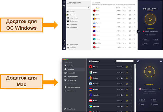 Знімок екрана програми CyberGhost VPN у Windows проти Mac