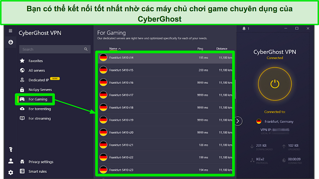 Ảnh chụp màn hình các máy chủ được tối ưu hóa cho trò chơi của CyberGhost trên ứng dụng Windows