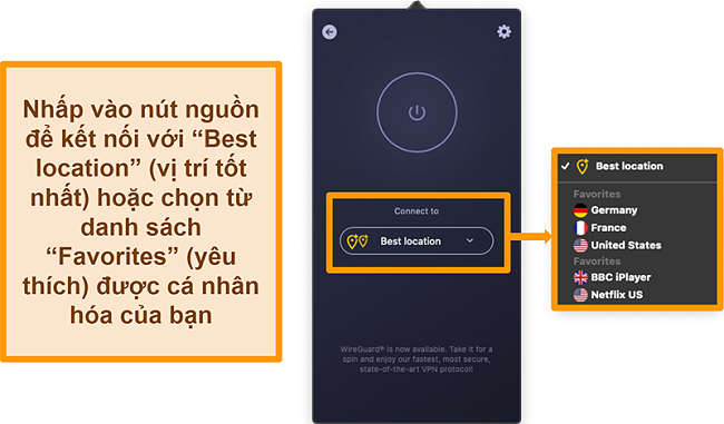 Ảnh chụp màn hình tính năng Vị trí tốt nhất của CyberGhost VPN trên ứng dụng