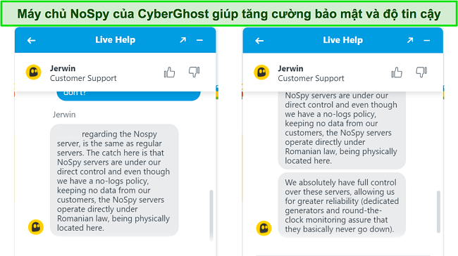 Ảnh chụp màn hình nhân viên trò chuyện trực tiếp của CyberGhost giải thích về tính bảo mật và độ tin cậy được tăng cường của máy chủ NoSpy.