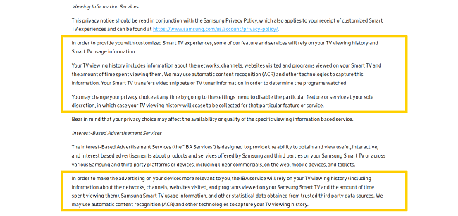 Capture d'écran de la politique de confidentialité de Samsung Smart TV