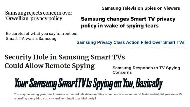 Capture d'écran des gros titres d'avertissement sur la façon dont Samsung Smart TV espionne ses utilisateurs