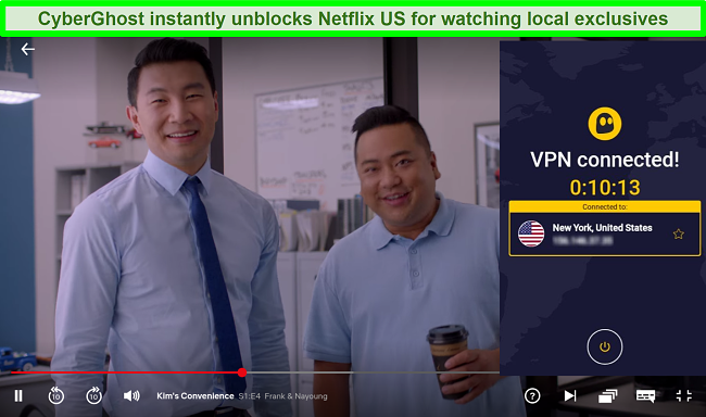Screenshot of Kim's Convenience streaming on Netflix with CyberGhost connected to a New York server