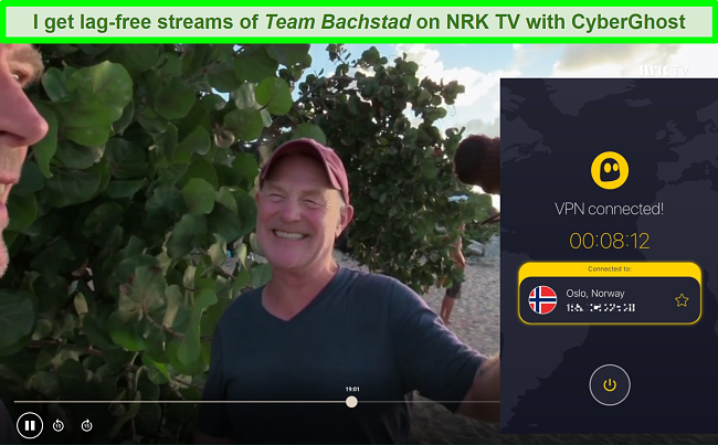 Screenshot of Team Bachstad streaming on NRK TV with CyberGhost connected