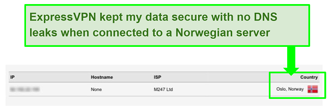 Screenshot of ExpressVPN DNS leak test results when connected to Norwegian server