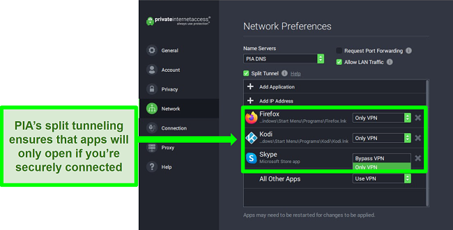 Screenshot of PIA's Network Settings screen with split tunneling filters activated