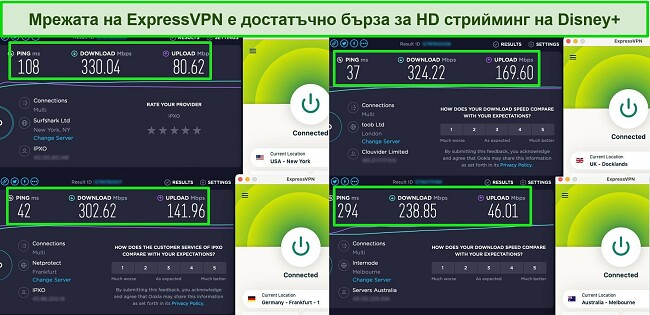 Екранни снимки на резултатите от теста за скорост на Ookla с ExpressVPN, свързан със сървъри в САЩ, Обединеното кралство, Германия и Австралия.