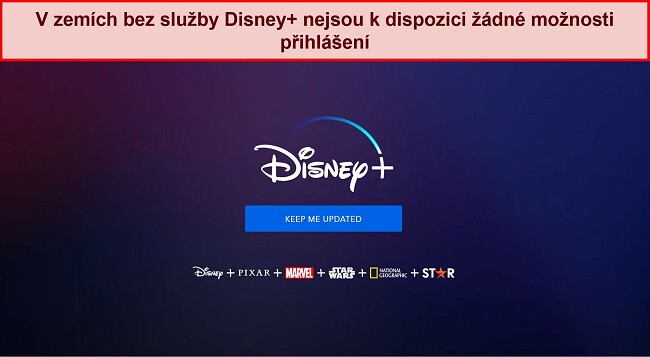 Snímek obrazovky domovské stránky Disney+ bez možnosti přihlášení nebo účtu, pouze zpráva, která zní „udržujte mi aktuální informace.