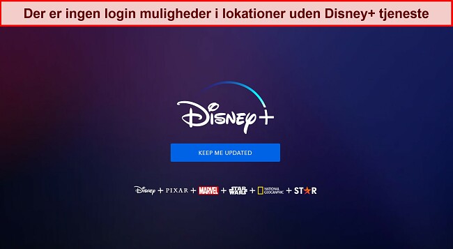 Skærmbillede af Disney+-hjemmesiden uden login eller kontomuligheder, kun en besked, der lyder "hold mig opdateret.