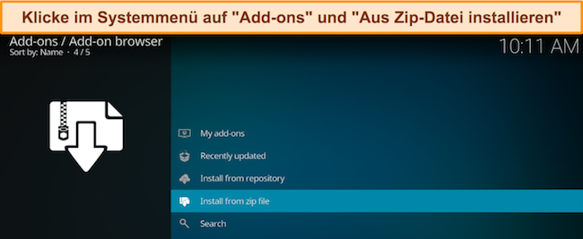 Screenshot des Add-on-Menüs von Kodi mit der Option „Von ZIP-Datei installieren“.