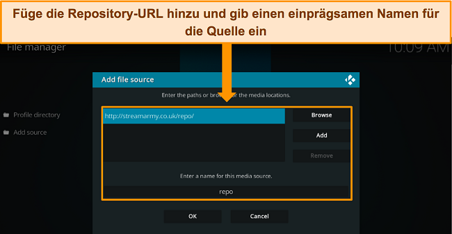 Screenshot des Dateimanagers von Kodi mit der Repository-URL und einem hinzugefügten Dateinamen.